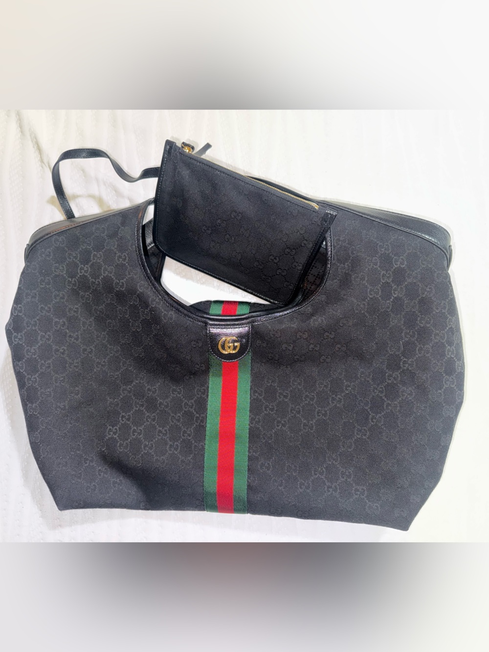 Gucci Giglio Large Tote Black GG Canvas Shopper with Red and Green Web Stripe.